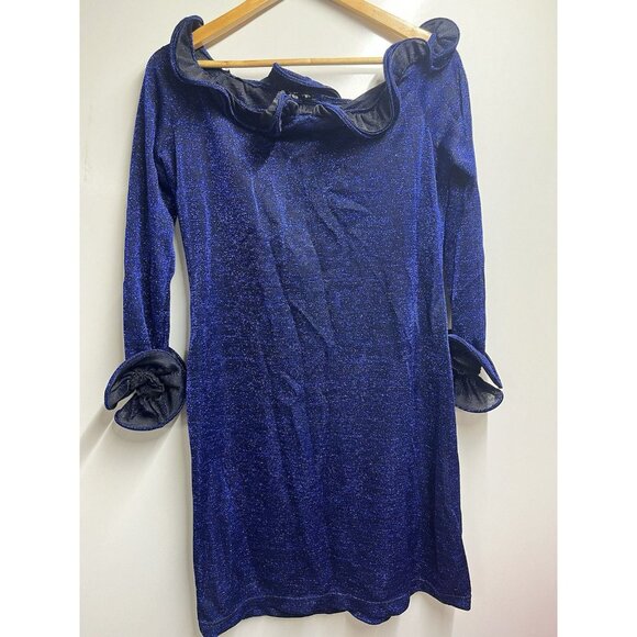 Samuel Dong Ruffle Mini Dress Metallic Blue Sheer Size Xl Woman’s Designer - Picture 1 of 5